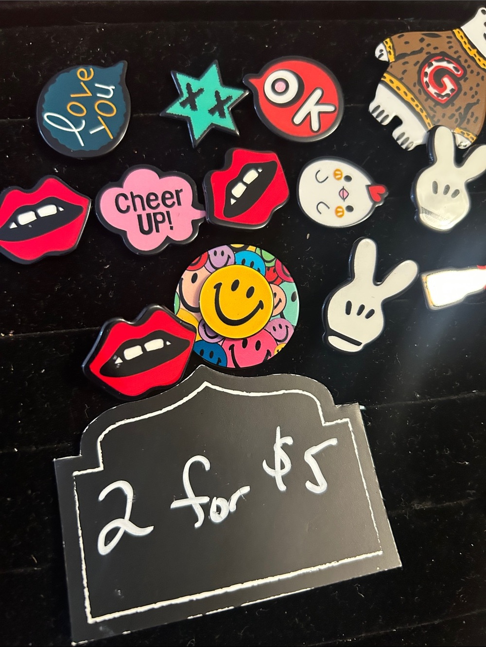 Assorted Kids Character Pins - Red, Pink, White, Yellow, Blue, Black
